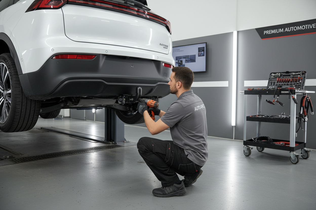 mies asentamaan vetokoukkua uutta uuteen autoon